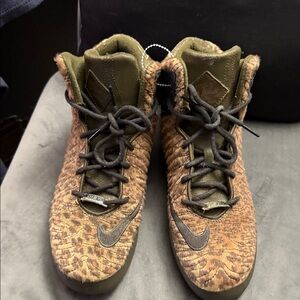 LeBron Nikes Brown and Green Textured High-Top Sneakers